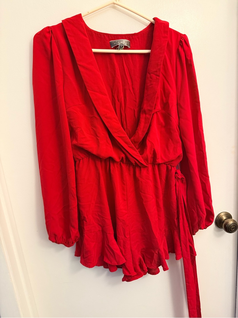 Blue Blush Red Wrap-Style Long Sleeve jumpsuit
